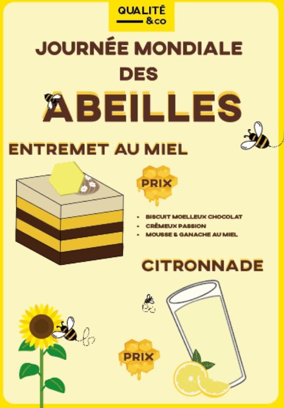 Affiche « Journée mondiale des abeilles » : entremets au miel et citronnade