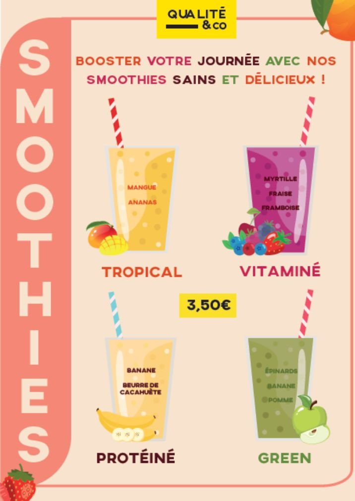 Affiche « Smoothies » : quatre smoothies (tropical, vitaminé, protéiné, green) à 3,50 €